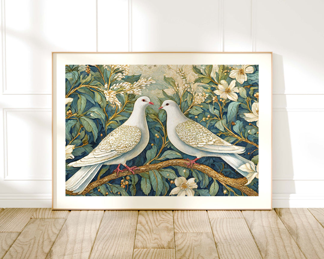 William Morris Style Doves Bird Print, Vintage Botanical Art, Vintage Floral Decor, Vintage Flower Living Room Wall Art, Exhibition Poster