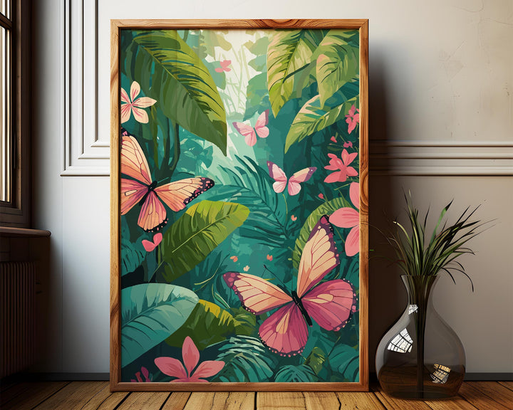 Tropical Rainforest Butterflies Print, Colourful Jungle Wildlife Illustration, Botanical Living Room Wall Art, Inspired By Henri Rousseau