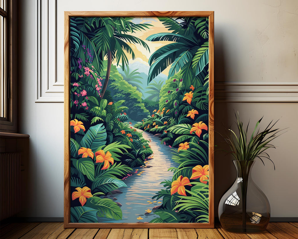 Tropical Rainforest Botanical Print, Colourful Jungle Wall Art, Abstract Landscape Painting, Living Room Decor Inspired By Henri Rousseau
