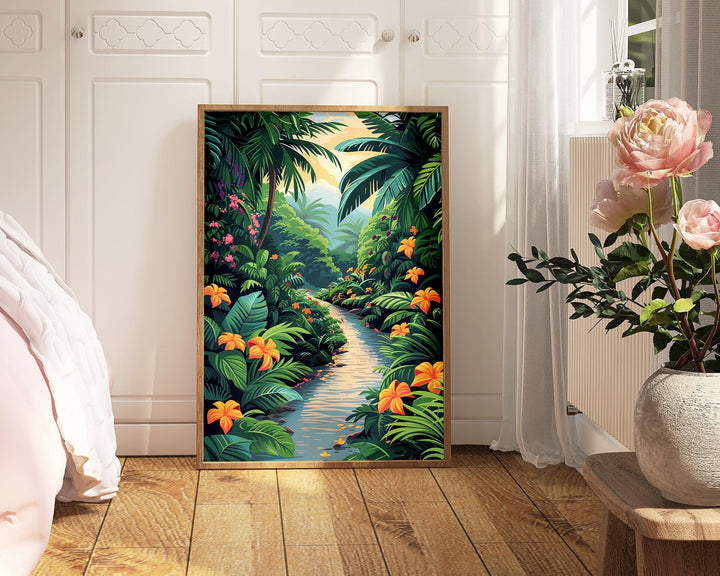 Tropical Rainforest Botanical Print, Colourful Jungle Wall Art, Abstract Landscape Painting, Living Room Decor Inspired By Henri Rousseau