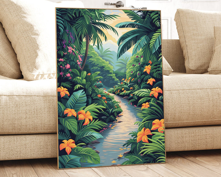 Tropical Rainforest Botanical Print, Colourful Jungle Wall Art, Abstract Landscape Painting, Living Room Decor Inspired By Henri Rousseau