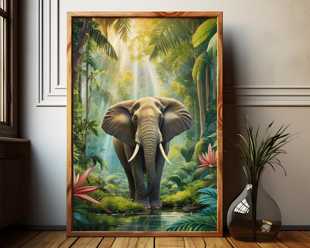 Tropical Elephant Rainforest Print, Jungle Animal Wall Art, Botanical Landscape Painting, Living Room Home Decor Inspired By Henri Rousseau
