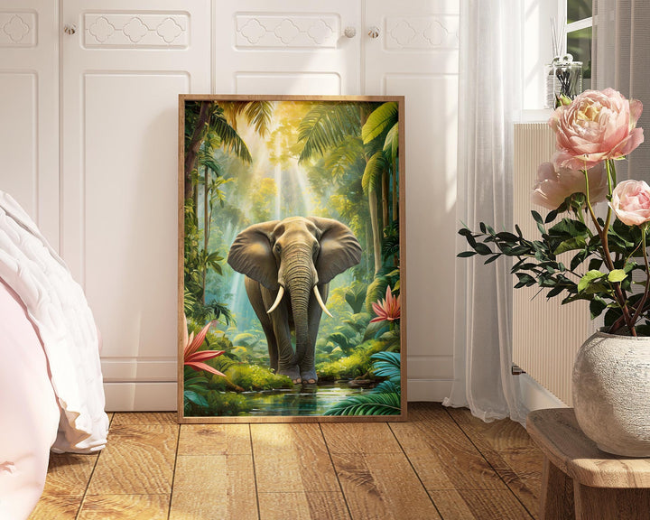 Tropical Elephant Rainforest Print, Jungle Animal Wall Art, Botanical Landscape Painting, Living Room Home Decor Inspired By Henri Rousseau