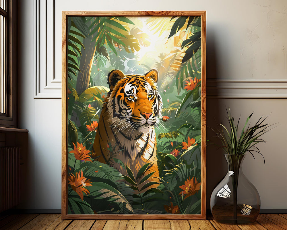 Tiger Wild Animal Jungle Print, Tropical Rainforest Wall Art, Eclectic Botanical Plants Nature Painting, Maximalist Living Room Home Decor