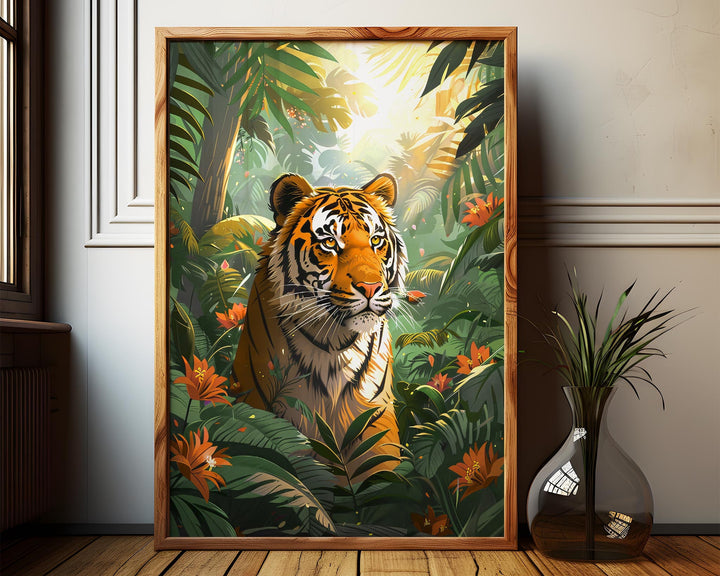 Tiger Wild Animal Jungle Print, Tropical Rainforest Wall Art, Eclectic Botanical Plants Nature Painting, Maximalist Living Room Home Decor