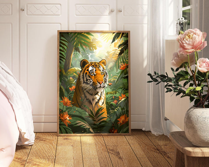 Tiger Wild Animal Jungle Print, Tropical Rainforest Wall Art, Eclectic Botanical Plants Nature Painting, Maximalist Living Room Home Decor
