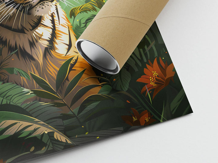 Tiger Wild Animal Jungle Print, Tropical Rainforest Wall Art, Eclectic Botanical Plants Nature Painting, Maximalist Living Room Home Decor