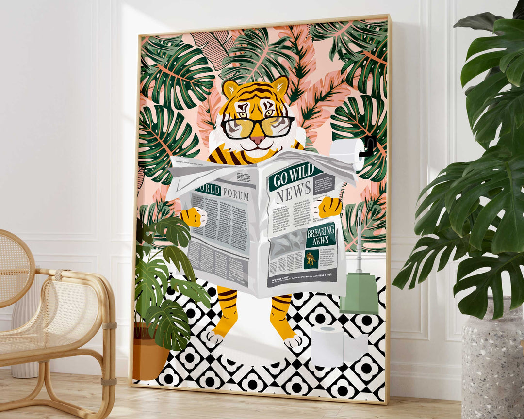 Tiger on Toilet Bathroom Print, Animal on Toilet Funny Bathroom Wall Art, Colourful Botanical Bathroom Art Poster, Maximalist Bathroom Decor