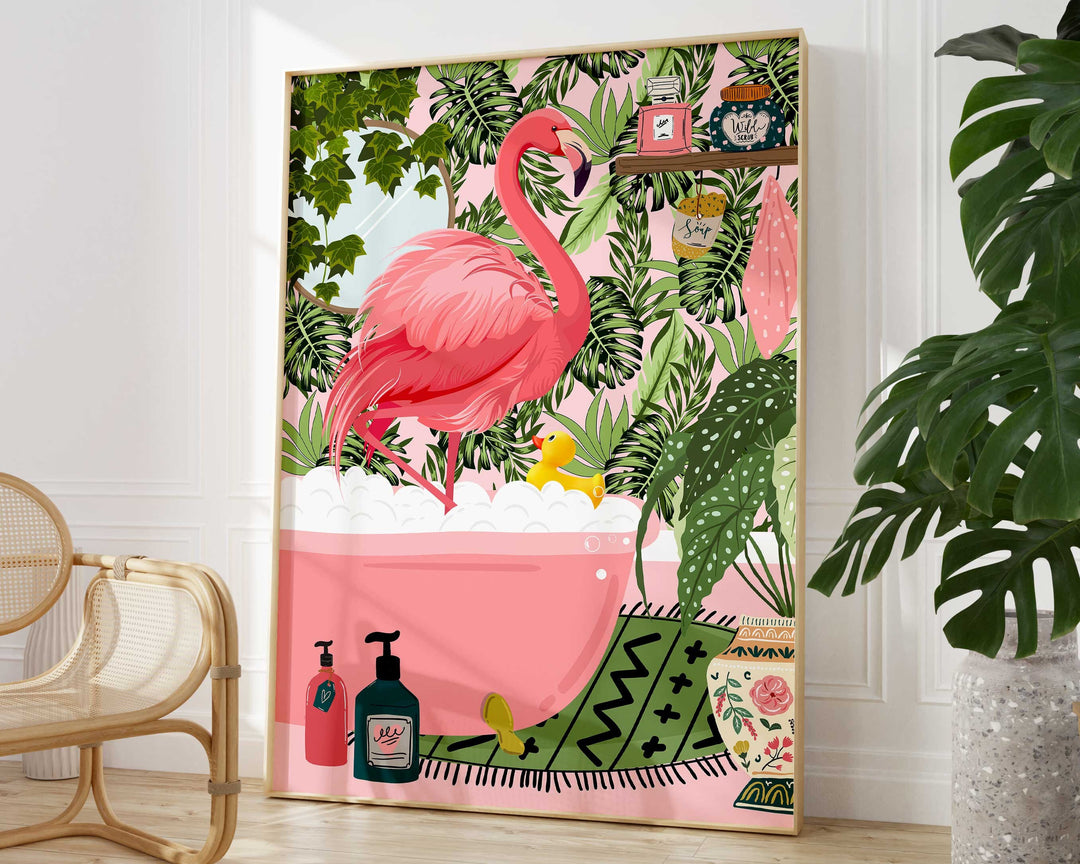 Flamingo in bathtub botanical bathroom prints, maximalist animal in bath wall art, tropical boho funny bathroom art, eclectic jungle decor