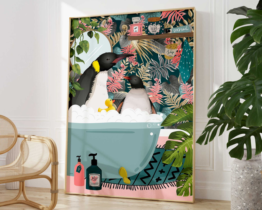 Penguins in Bathtub Animal Bathroom Prints, Animal in Bath Wall Art, Kids Funny Penguin Art, Fun Botanical Jungle Bathroom Penguin Poster