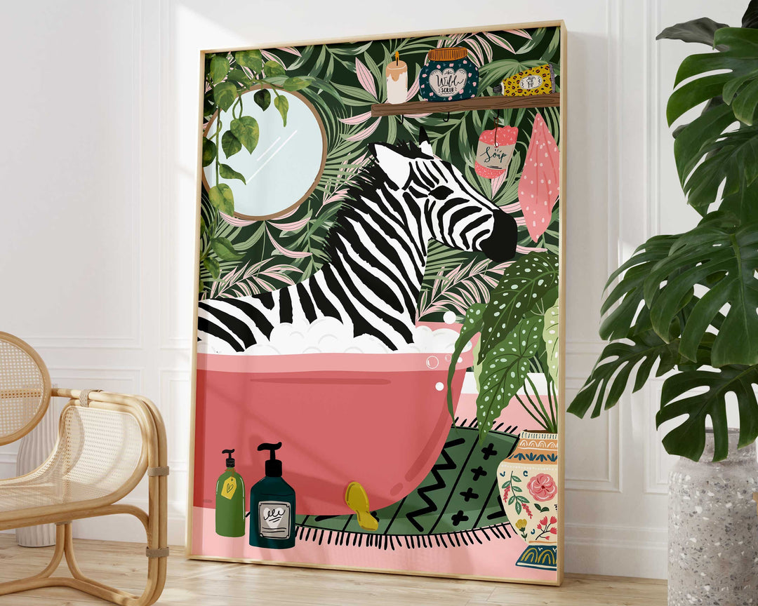 Zebra in Bathtub Boho Bathroom Print, Maximalist Animal in Bath Wall Art, Tropical Botanical Bathroom Print, Eclectic Bathroom Wall Decor