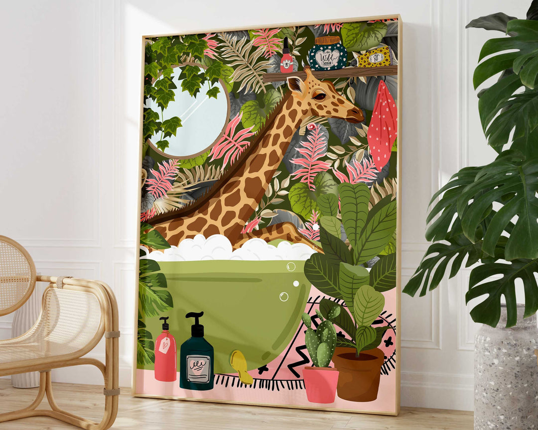 Giraffe Bathroom Wall Art, Funny Animal Bathroom Print, Toilet Art Decor, Kids Bathroom Decor, Maximalist Wall Art, Tropical Bathroom Poster