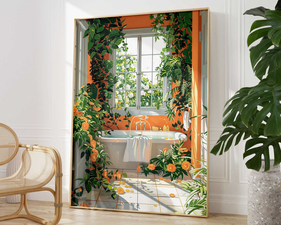 Colourful Botanical Bathroom Art Print, Painting of Tropical Bathroom Wall Art, Modern Bathroom Poster, Nature Lover Luxury Bathroom Decor
