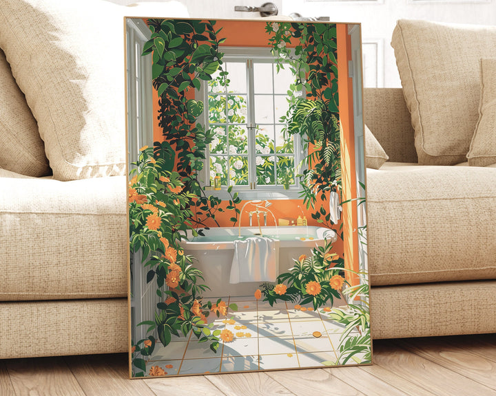 Colourful Botanical Bathroom Art Print, Painting of Tropical Bathroom Wall Art, Modern Bathroom Poster, Nature Lover Luxury Bathroom Decor