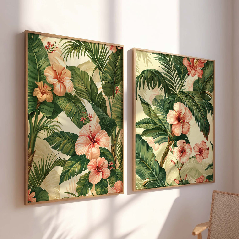 Set of 2 Vintage Botanical Posters, Flowers Palm Leaves Tropical Prints, Vintage Decor, Botanical Prints, Floral Decor, Cottagecore Wall Art