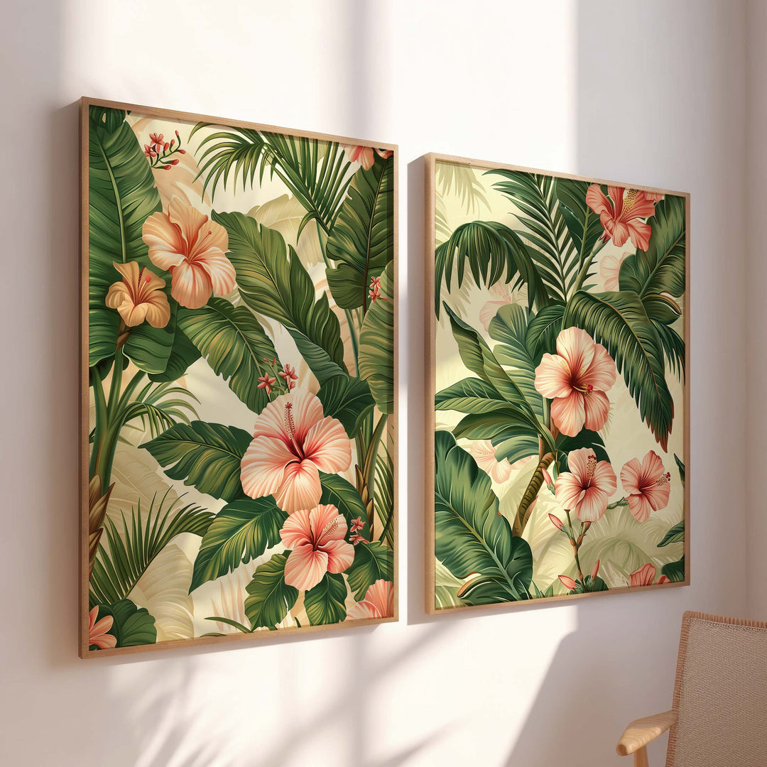 Set of 2 Vintage Botanical Posters, Flowers Palm Leaves Tropical Prints, Vintage Decor, Botanical Prints, Floral Decor, Cottagecore Wall Art