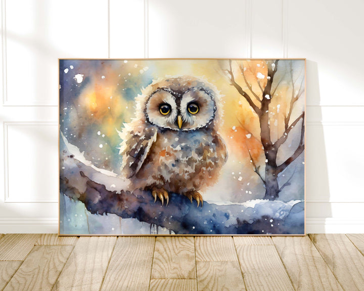 Owl Watercolour Painting, Colourful Bird Print, Cottagecore Farmhouse Decor, Original Living Room Wall Art, Nature Home Decor Gift For Her