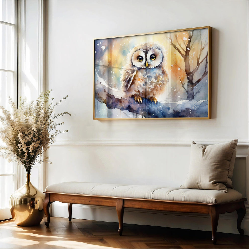 Owl Watercolour Painting, Colourful Bird Print, Cottagecore Farmhouse Decor, Original Living Room Wall Art, Nature Home Decor Gift For Her