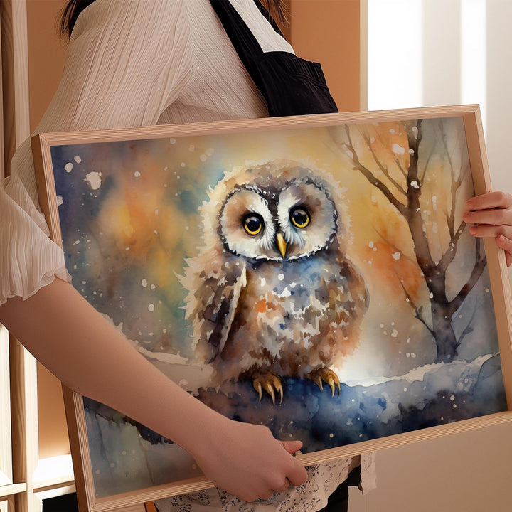 Owl Watercolour Painting, Colourful Bird Print, Cottagecore Farmhouse Decor, Original Living Room Wall Art, Nature Home Decor Gift For Her