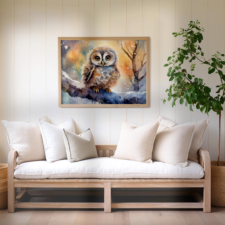 Owl Watercolour Painting, Colourful Bird Print, Cottagecore Farmhouse Decor, Original Living Room Wall Art, Nature Home Decor Gift For Her