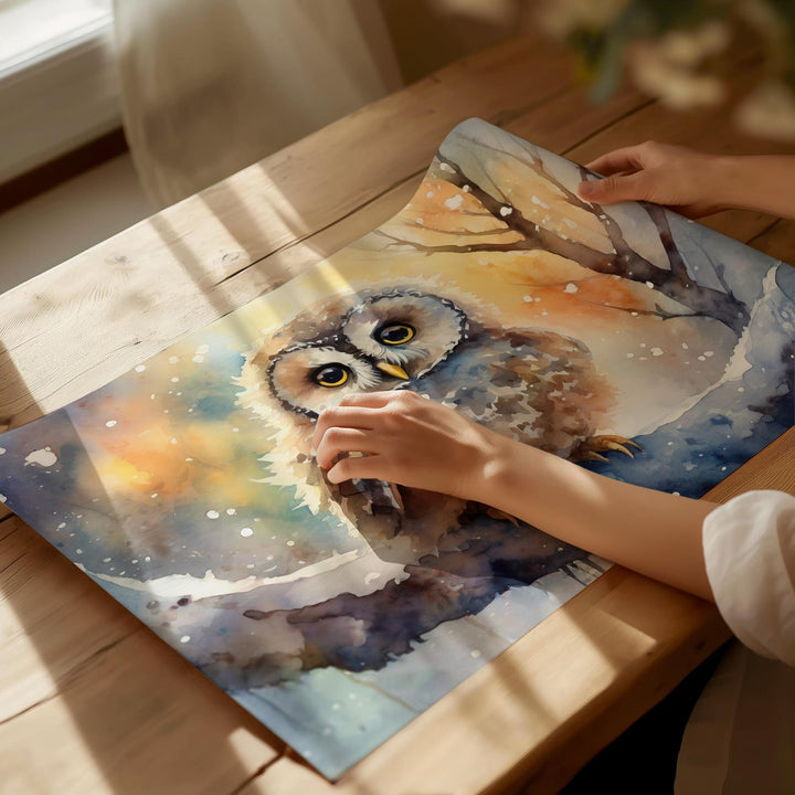 Owl Watercolour Painting, Colourful Bird Print, Cottagecore Farmhouse Decor, Original Living Room Wall Art, Nature Home Decor Gift For Her