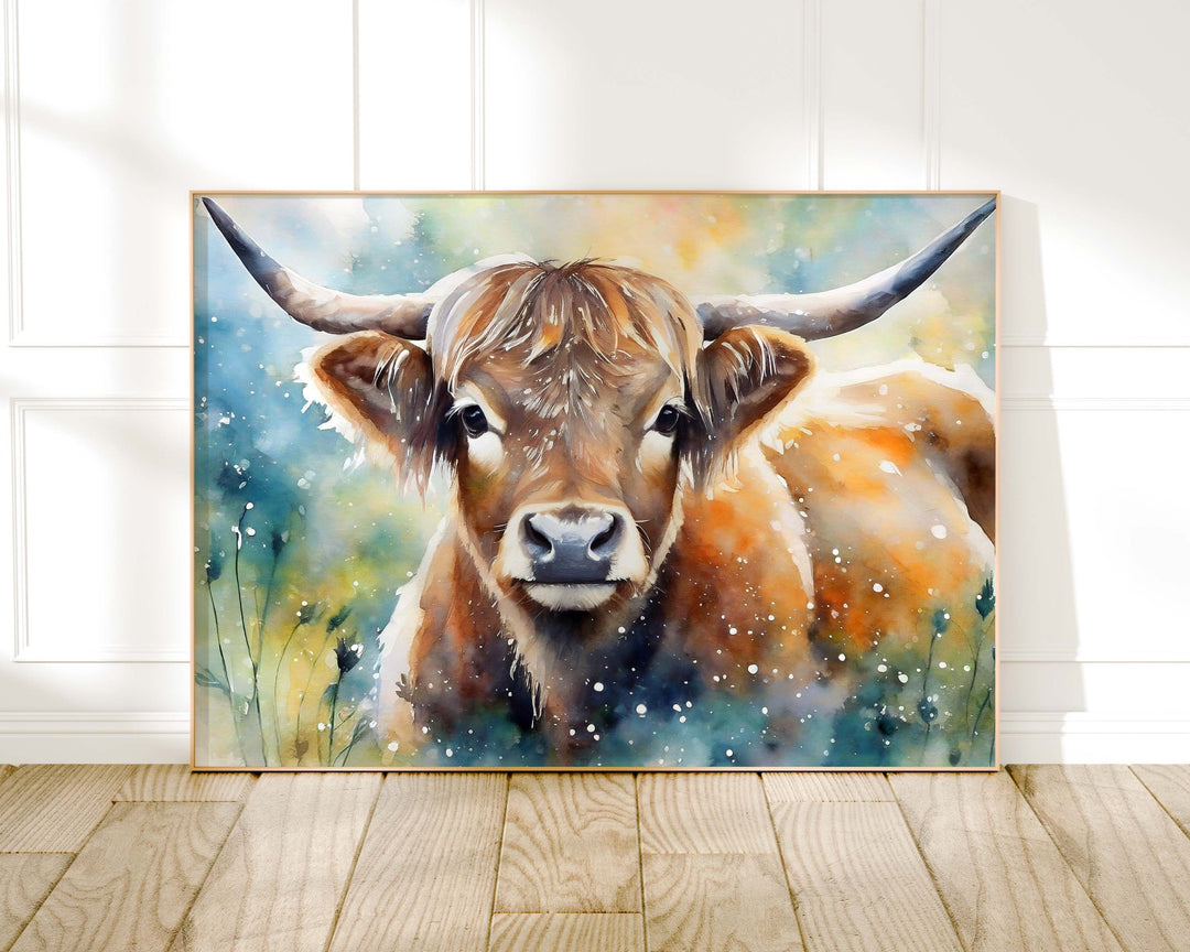 Highland Cow Watercolour Painting, Animal Print, Cottagecore Farmhouse Decor, Original Living Room Wall Art, Nature Home Decor Gift For Her