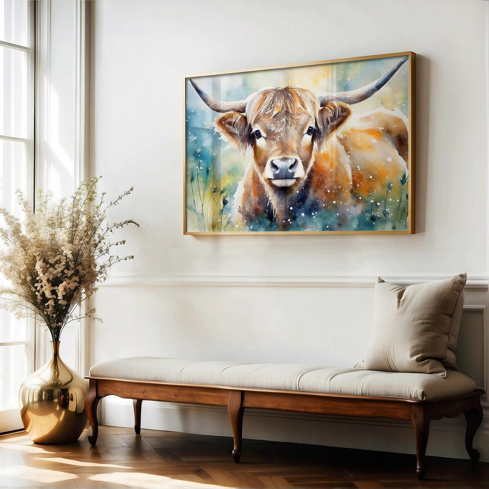 Highland Cow Watercolour Painting, Animal Print, Cottagecore Farmhouse Decor, Original Living Room Wall Art, Nature Home Decor Gift For Her