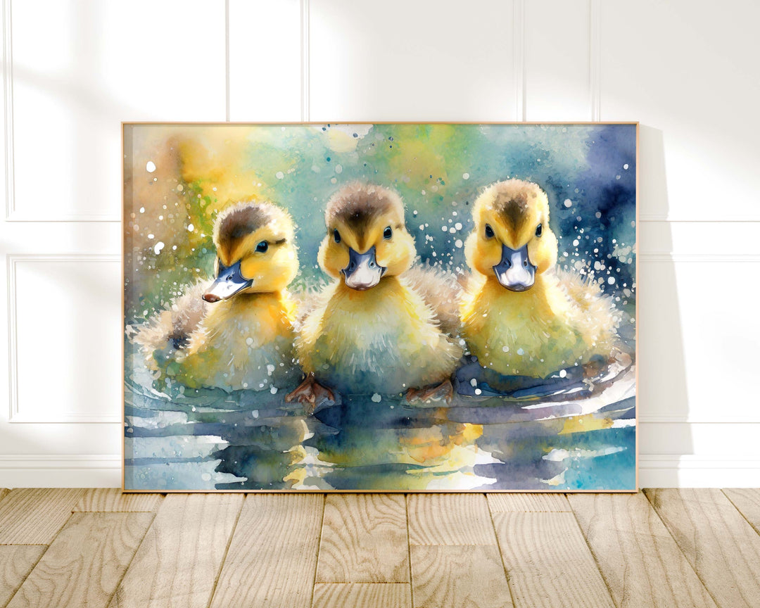 Ducklings Watercolour Painting, Colourful Bird Print, Cottagecore Farmhouse Decor, Original Living Room Wall Art, Wildlife Nature Home Decor