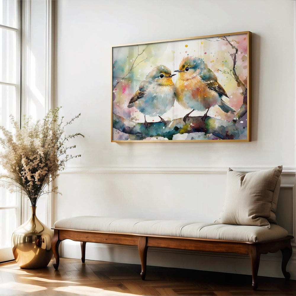 Birds Watercolour Painting, Colourful Bird Print, Cottagecore Farmhouse Decor, Original Living Room Wall Art, Nature Home Decor Gift For Her