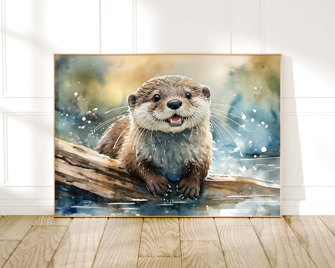 Otter Watercolour Painting, Wildlife Animal Print, Cottagecore Farmhouse Decor, Original Living Room Wall Art, Gift For Nature Art Lovers