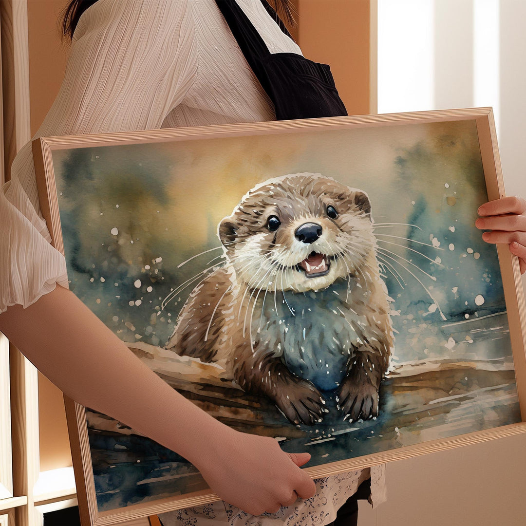 Otter Watercolour Painting, Wildlife Animal Print, Cottagecore Farmhouse Decor, Original Living Room Wall Art, Gift For Nature Art Lovers