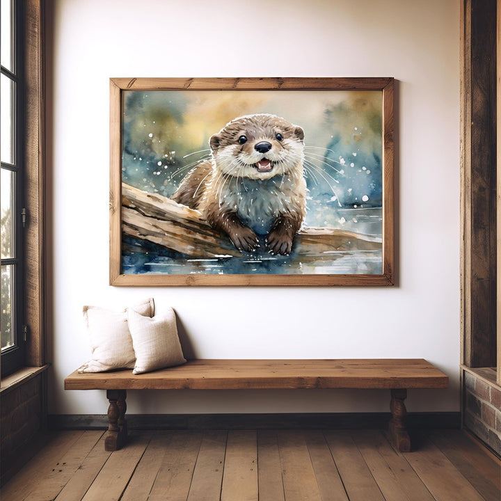 Otter Watercolour Painting, Wildlife Animal Print, Cottagecore Farmhouse Decor, Original Living Room Wall Art, Gift For Nature Art Lovers