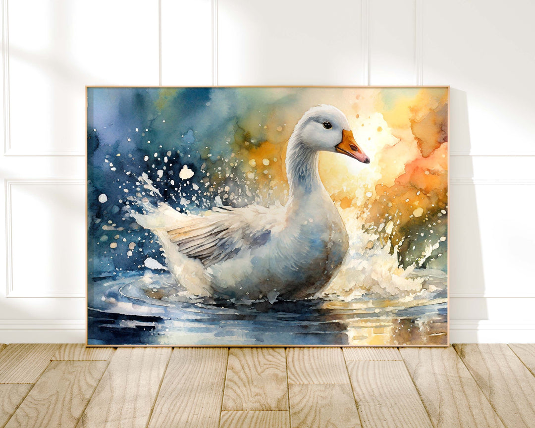 Goose Watercolour Painting, Colourful Bird Print, Cottagecore Farmhouse Decor, Living Room Wall Art, Wildlife Nature Gift For Art Lovers
