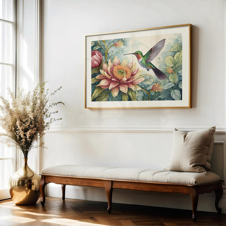 William Morris Style Hummingbird Print, Vintage Botanical Bird Art, Floral Flower Home Decor, Large Living Room Wall Art, Exhibition Poster
