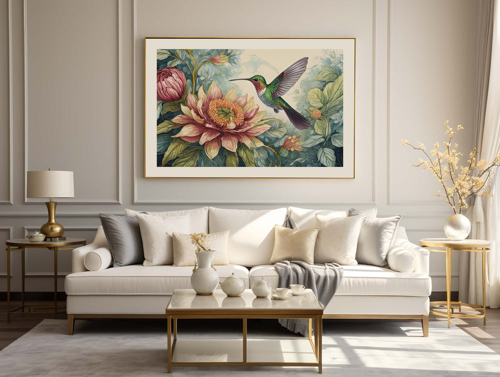 William Morris Style Hummingbird Print, Vintage Botanical Bird Art, Floral Flower Home Decor, Large Living Room Wall Art, Exhibition Poster