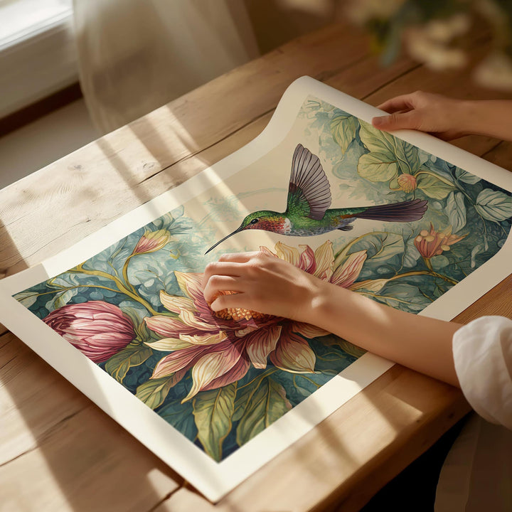 William Morris Style Hummingbird Print, Vintage Botanical Bird Art, Floral Flower Home Decor, Large Living Room Wall Art, Exhibition Poster
