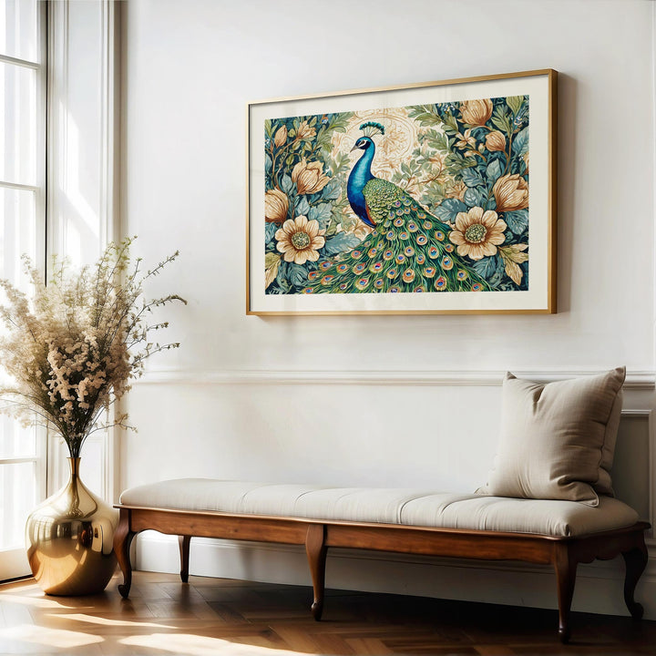 William Morris Style Peacock Print, Vintage Botanical Wildlife Bird Print, Flower Floral Home Decor, Living Room Wall Art, Exhibition Poster