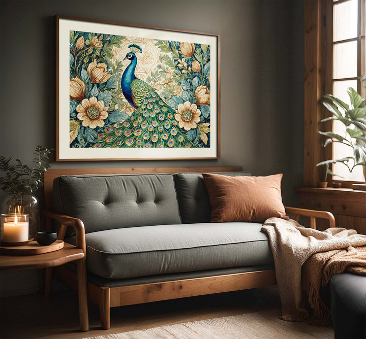 William Morris Style Peacock Print, Vintage Botanical Wildlife Bird Print, Flower Floral Home Decor, Living Room Wall Art, Exhibition Poster