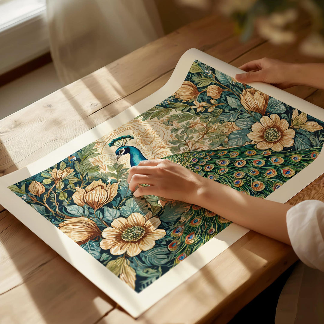 William Morris Style Peacock Print, Vintage Botanical Wildlife Bird Print, Flower Floral Home Decor, Living Room Wall Art, Exhibition Poster