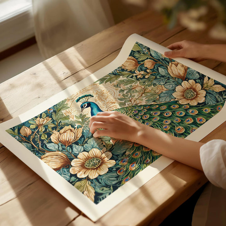 William Morris Style Peacock Print, Vintage Botanical Wildlife Bird Print, Flower Floral Home Decor, Living Room Wall Art, Exhibition Poster