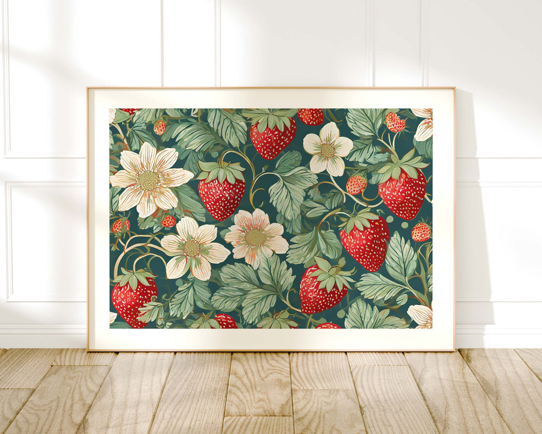 William Morris Style Vintage Strawberry Print, Botanical Gifts Fruit Decor, Original Art Painting, Kitchen Dining Room Wall Art, Food Gifts