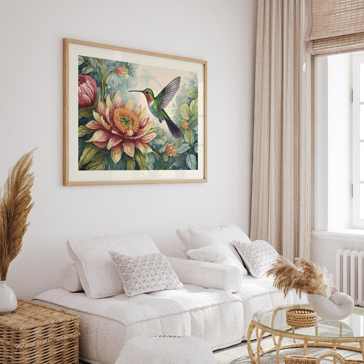 William Morris Style Hummingbird Print, Vintage Botanical Bird Art, Floral Flower Home Decor, Large Living Room Wall Art, Exhibition Poster