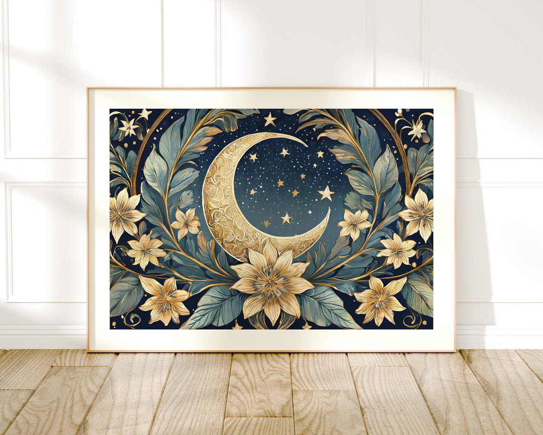 Moon And Stars William Morris Style Print, Celestial Wall Decor, Vintage Botanical Moon Art Print, Living Room Wall Art, Exhibition Poster