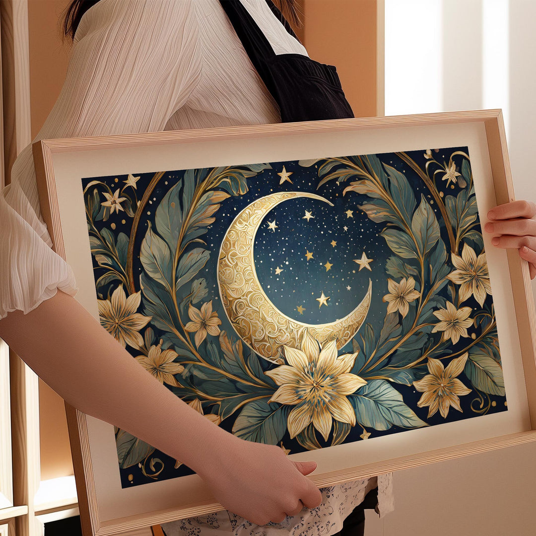 Moon And Stars William Morris Style Print, Celestial Wall Decor, Vintage Botanical Moon Art Print, Living Room Wall Art, Exhibition Poster