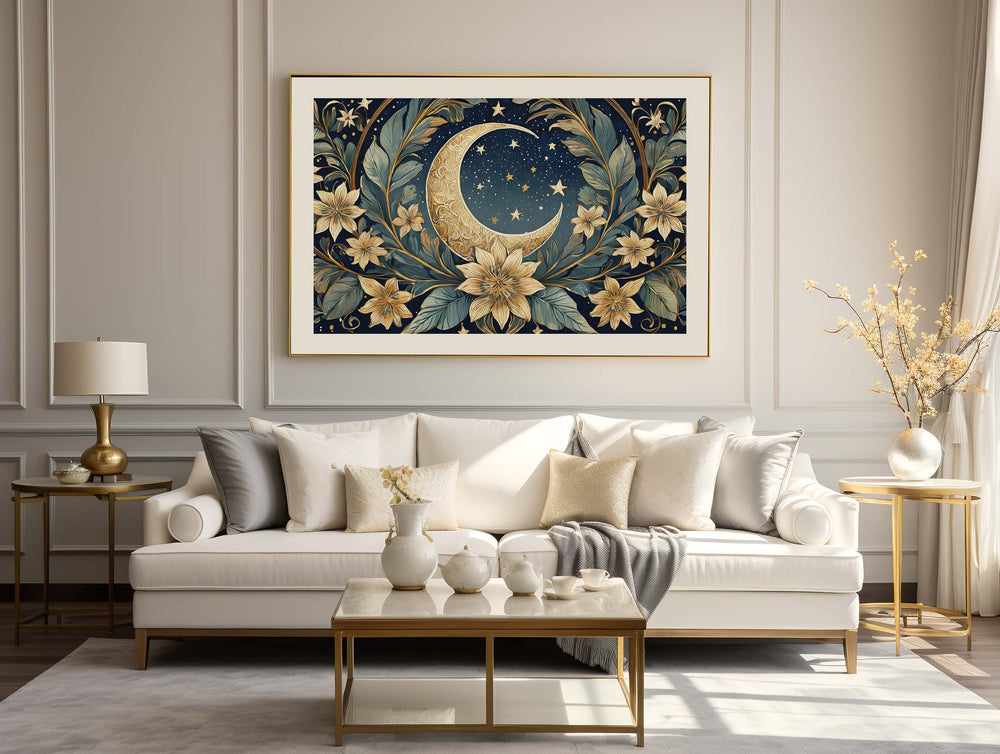 Moon And Stars William Morris Style Print, Celestial Wall Decor, Vintage Botanical Moon Art Print, Living Room Wall Art, Exhibition Poster