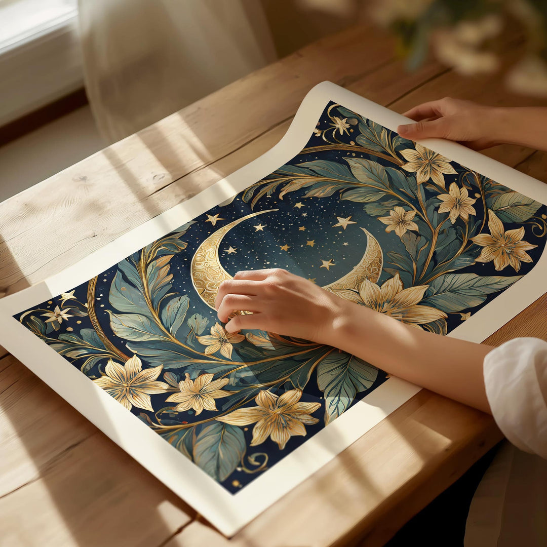 Moon And Stars William Morris Style Print, Celestial Wall Decor, Vintage Botanical Moon Art Print, Living Room Wall Art, Exhibition Poster