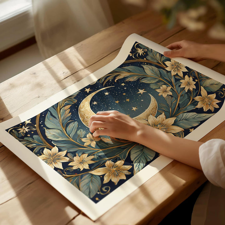 Moon And Stars William Morris Style Print, Celestial Wall Decor, Vintage Botanical Moon Art Print, Living Room Wall Art, Exhibition Poster