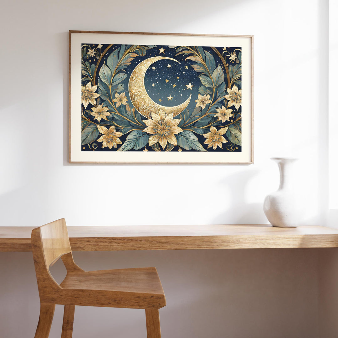 Moon And Stars William Morris Style Print, Celestial Wall Decor, Vintage Botanical Moon Art Print, Living Room Wall Art, Exhibition Poster