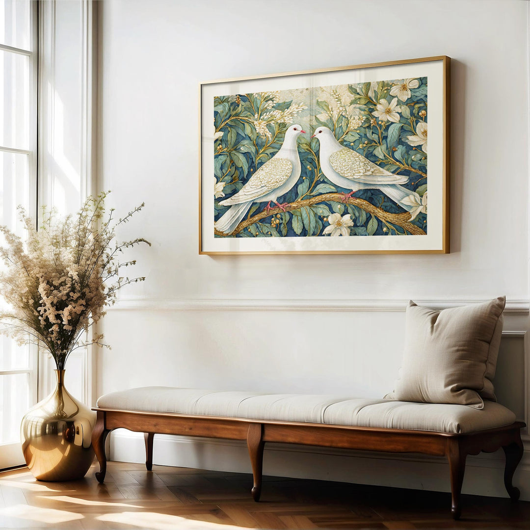 William Morris Style Doves Bird Print, Vintage Botanical Art, Vintage Floral Decor, Vintage Flower Living Room Wall Art, Exhibition Poster