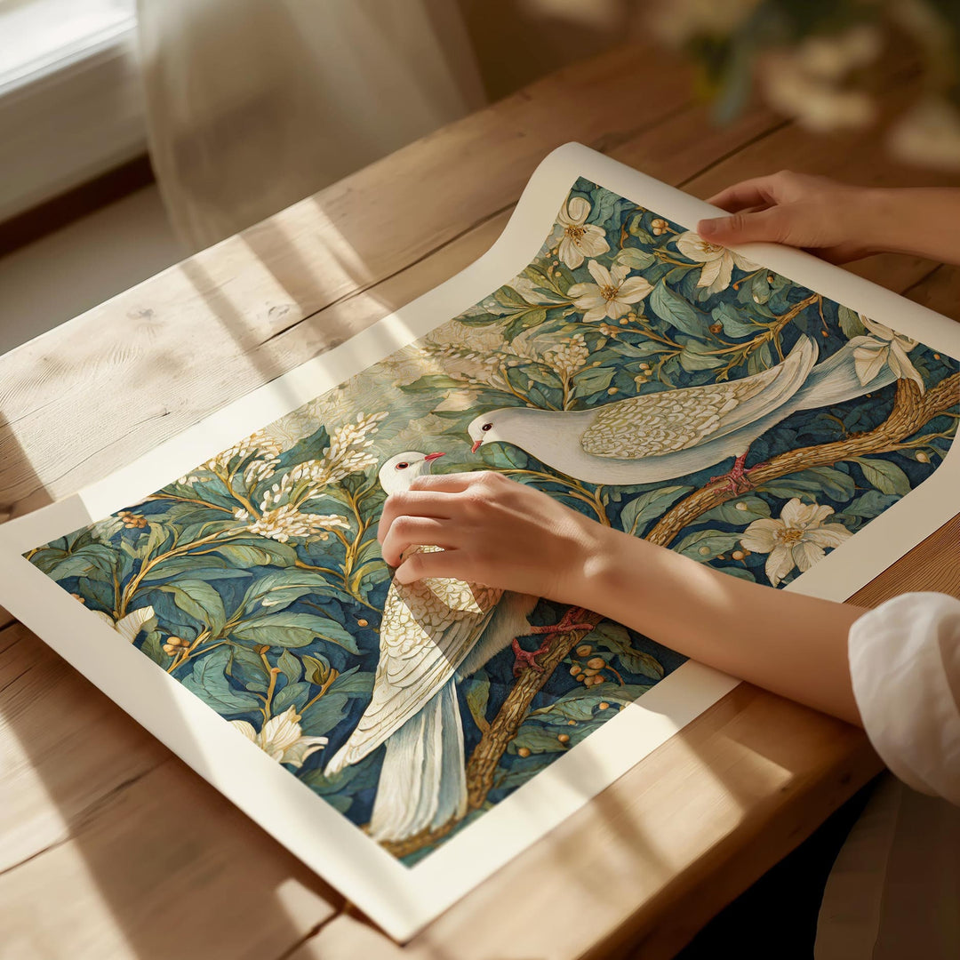 William Morris Style Doves Bird Print, Vintage Botanical Art, Vintage Floral Decor, Vintage Flower Living Room Wall Art, Exhibition Poster